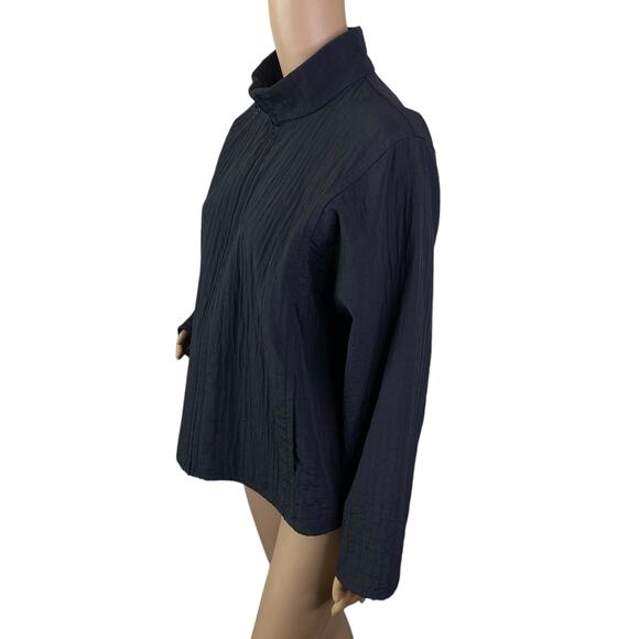 Eileen Fisher Black Minimalist Textured Mock Funnel Neck Zip Up Jacket Size PL - Picture 2 of 11